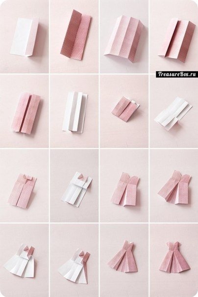 El esquema de ensamblaje del vestido no es demasiado complicado, por lo que incluso los principiantes de origami lo enfrentarán: